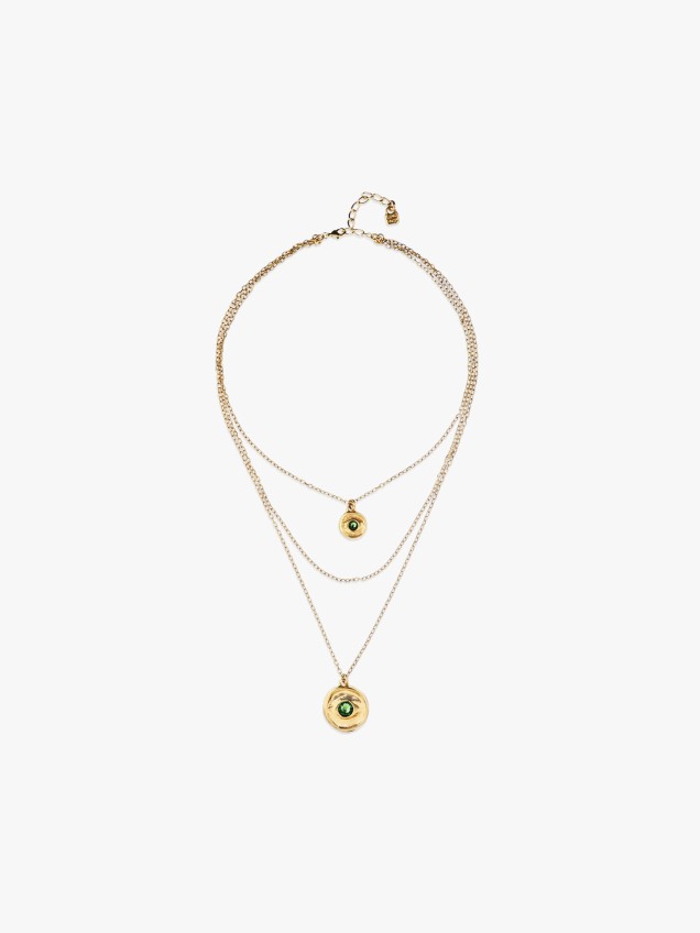 Colar Triplo com Pendente de Olho e Cristal Facetado