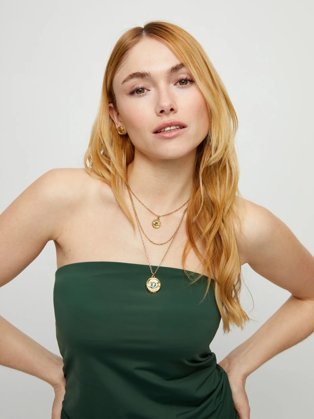 Colar Triplo com Pendente de Olho e Cristal Facetado