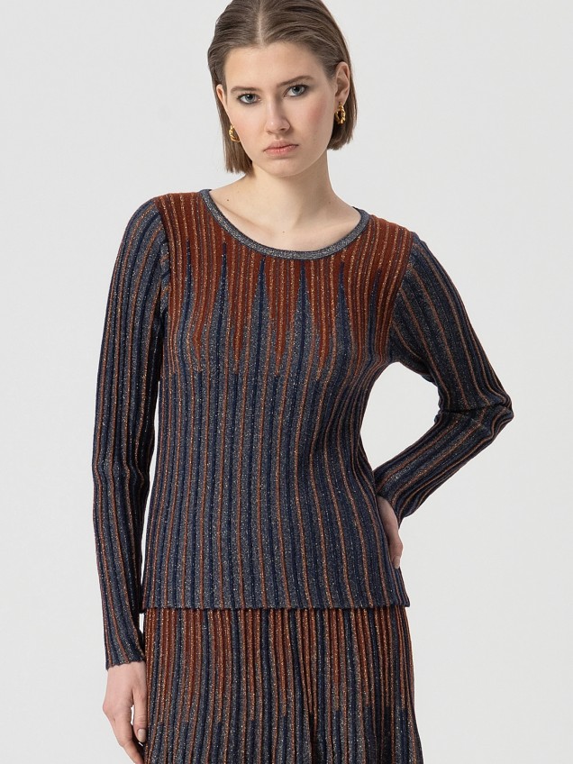 Camisola de Malha Canelada em L e Lurex