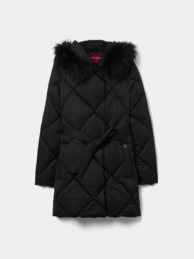 Blusão Acolchoado com Capuz de Pelo e Cinto