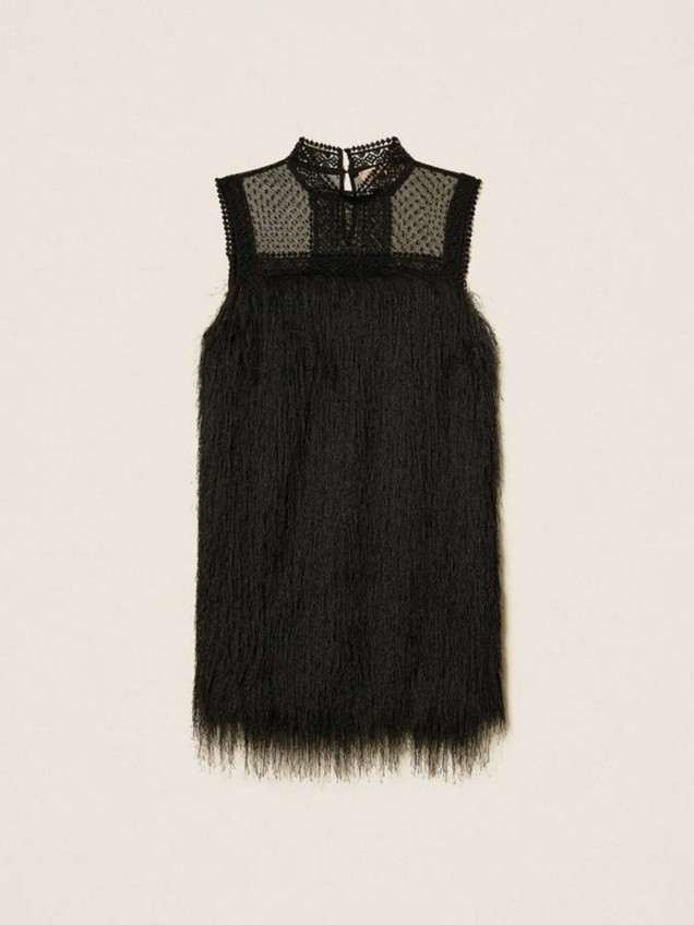 Vestido Curto com Franjas e Tule