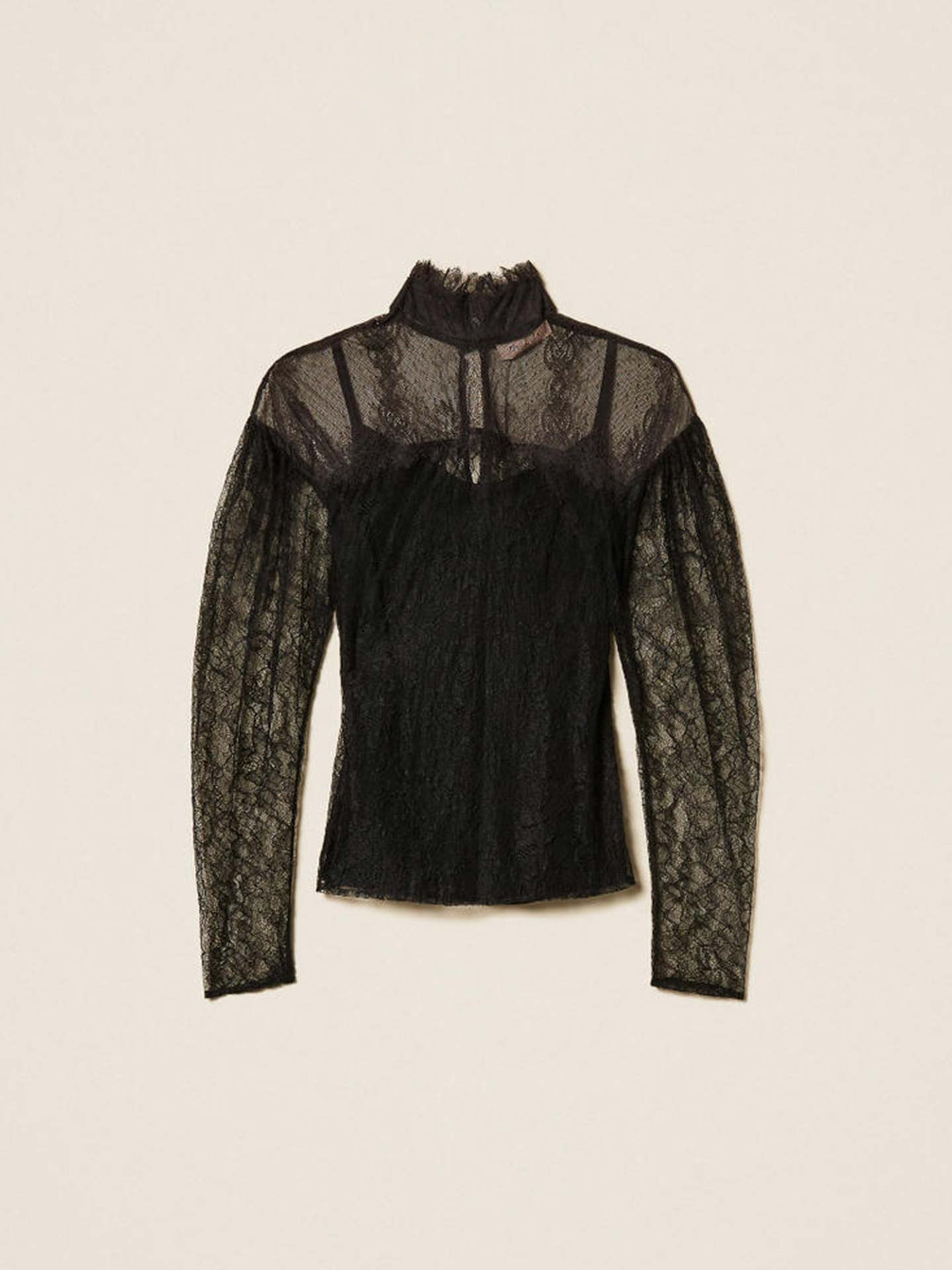 Blusa de Renda com Gola Alta e Folhos