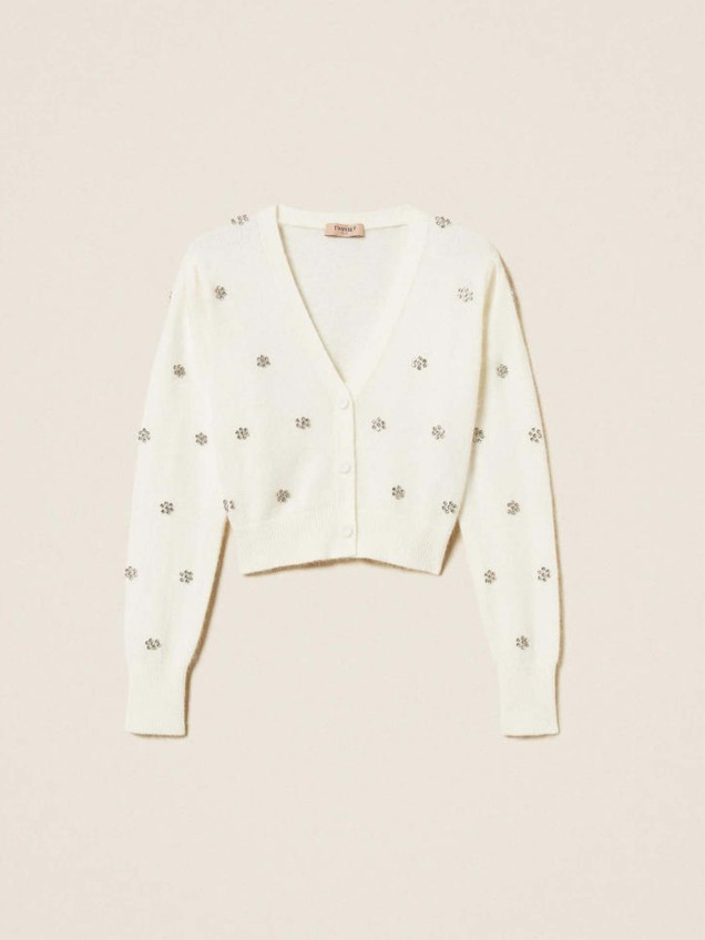 Casaco de Malha com Flores de Strass