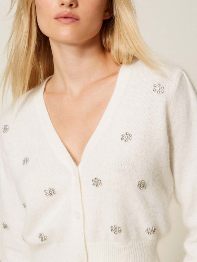 Casaco de Malha com Flores de Strass