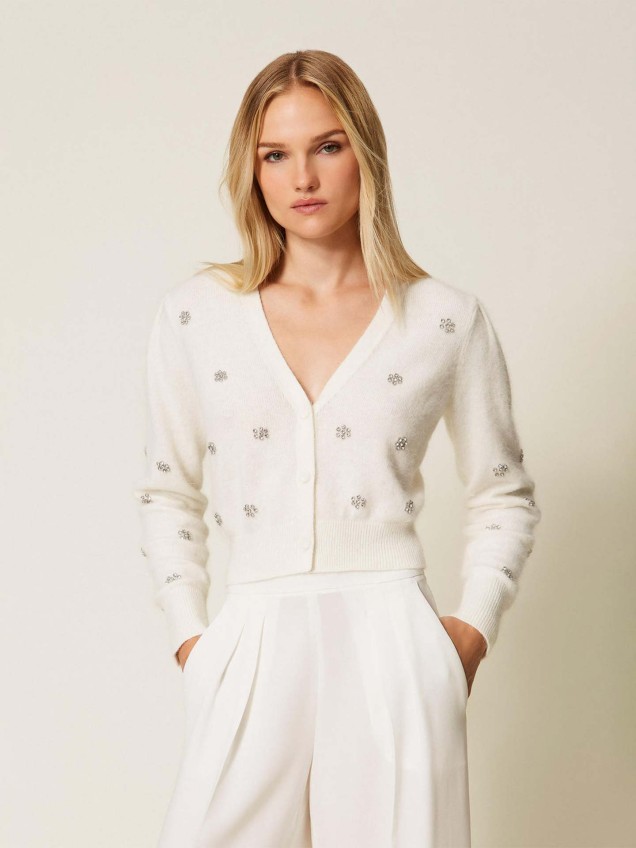 Casaco de Malha com Flores de Strass