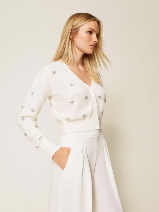 Casaco de Malha com Flores de Strass