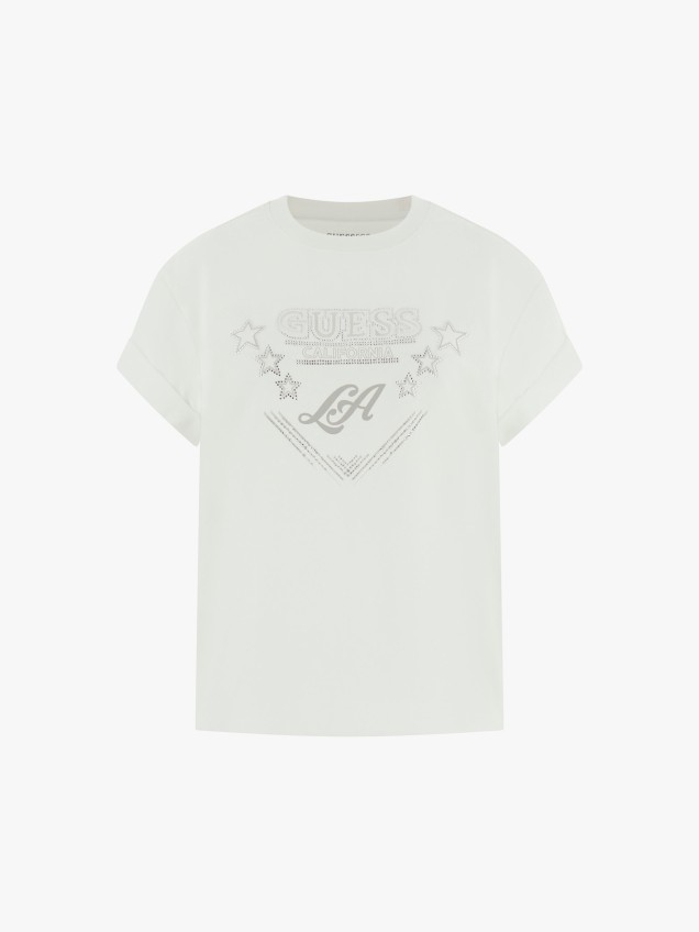 T-shirt com Estampado e Strass