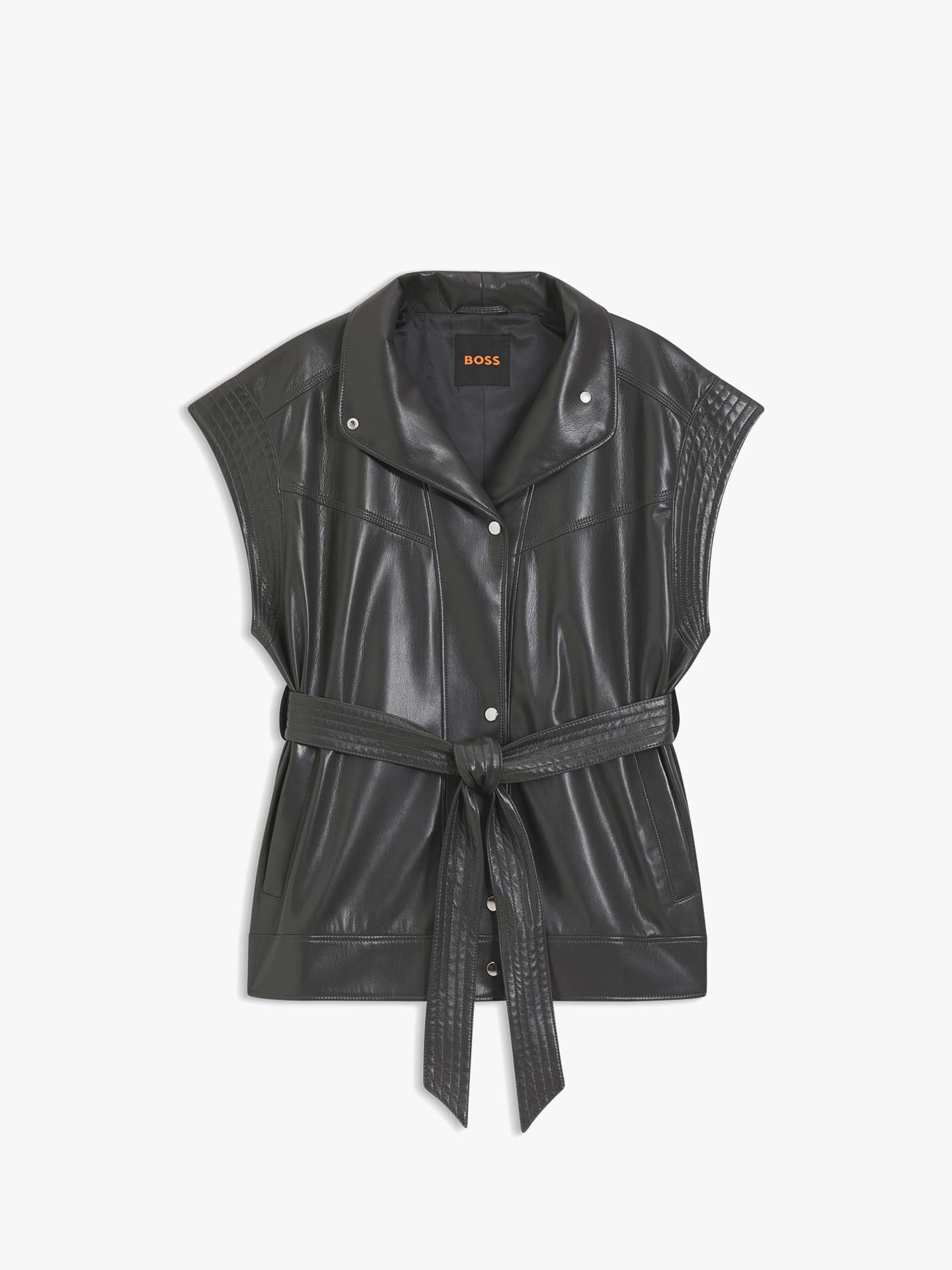 Colete em Pele Sintética com Gola Alta e Cinto