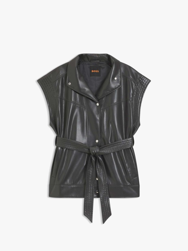 Colete em Pele Sintética com Gola Alta e Cinto