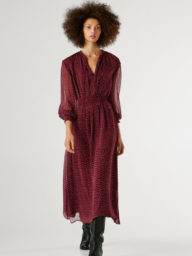 Vestido Midi de Chiffon com Padrão de Bolinhas