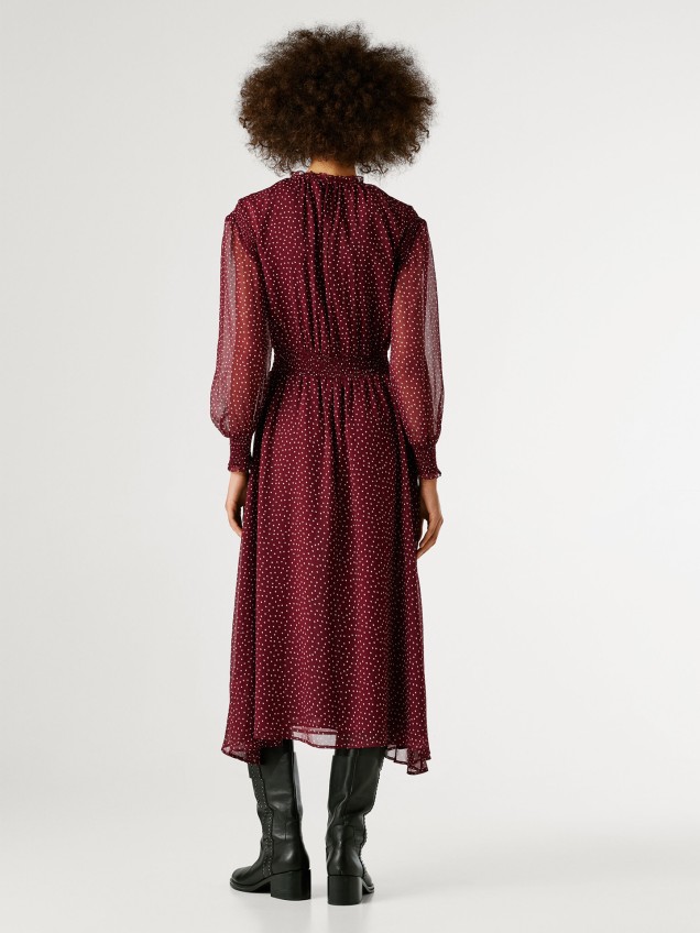 Vestido Midi de Chiffon com Padrão de Bolinhas