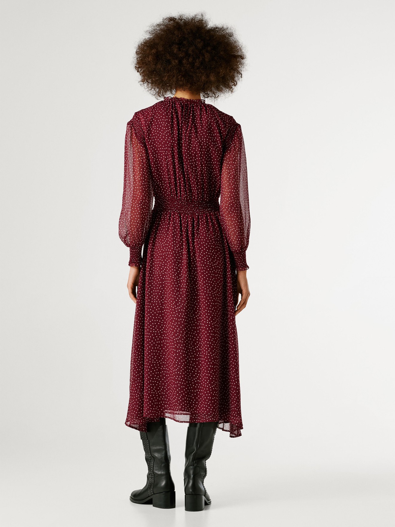 Vestido Midi de Chiffon com Padrão de Bolinhas