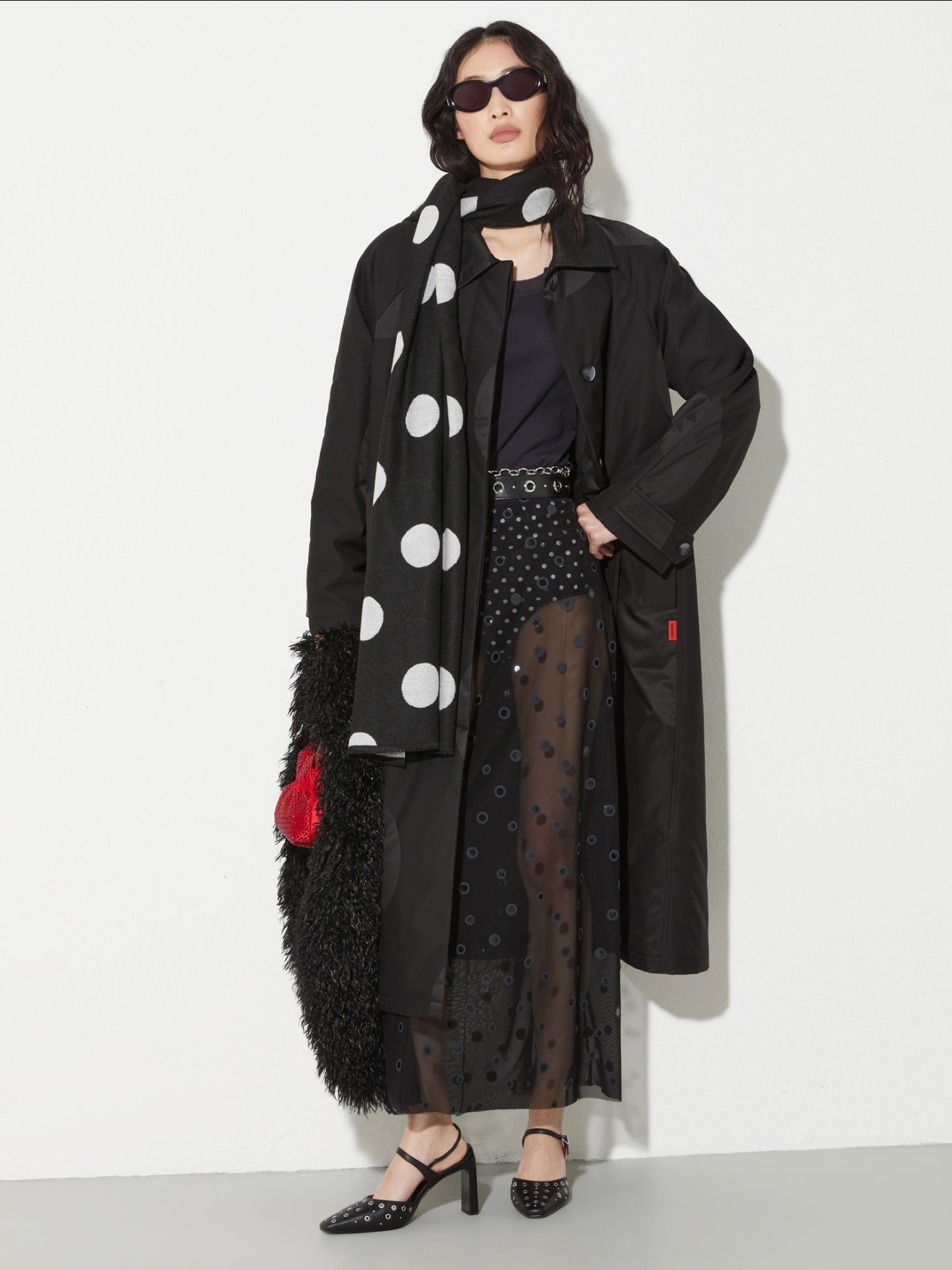 Casaco Acolchoado Comprido com Padr�o Jacquard de Maxi Pois