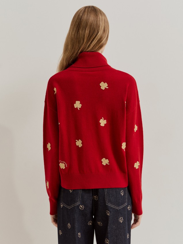 Camisola de Lã com Gola Alta e Bordados