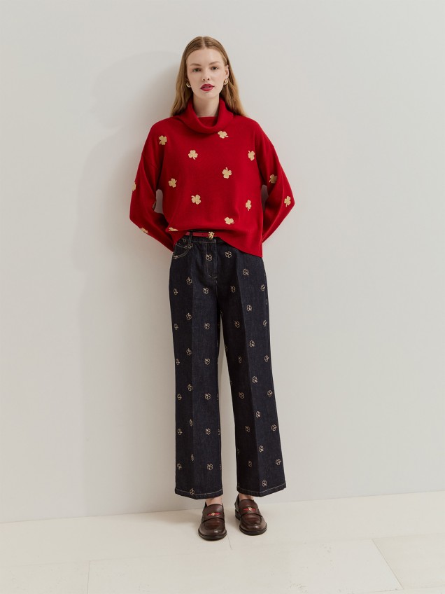 Camisola de Lã com Gola Alta e Bordados