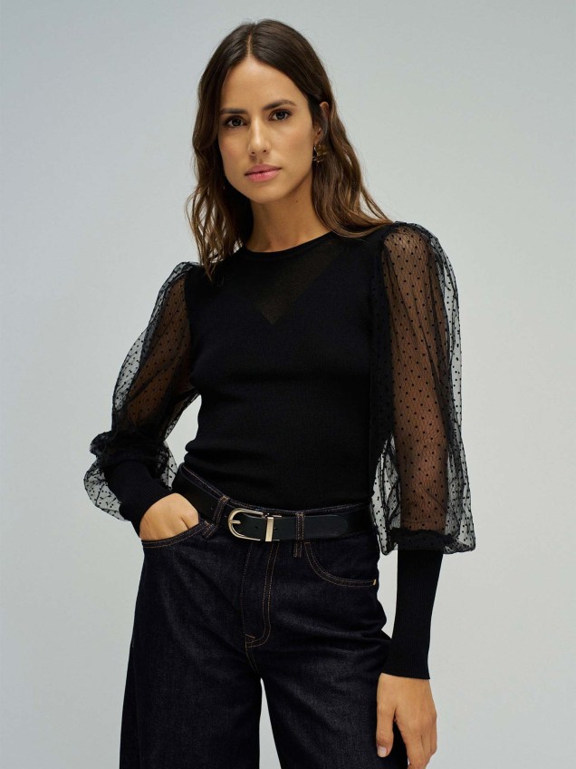 Camisola de Malha Slim Fit com Mangas Abalonadas