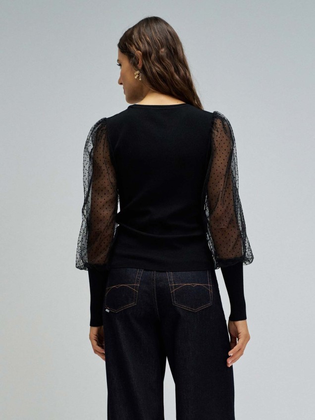 Camisola de Malha Slim Fit com Mangas Abalonadas