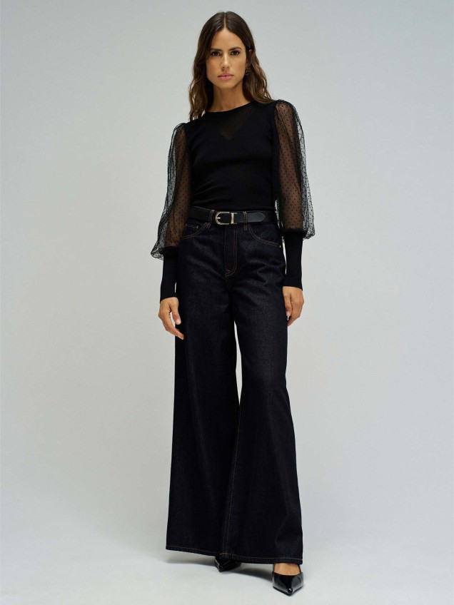 Camisola de Malha Slim Fit com Mangas Abalonadas