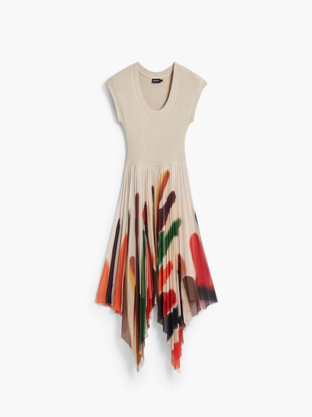 Vestido Midi com Saia Plissada Assimétrica