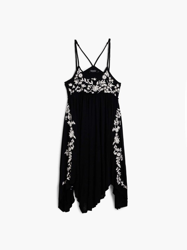 Vestido Assimétrico com Bordado Floral
