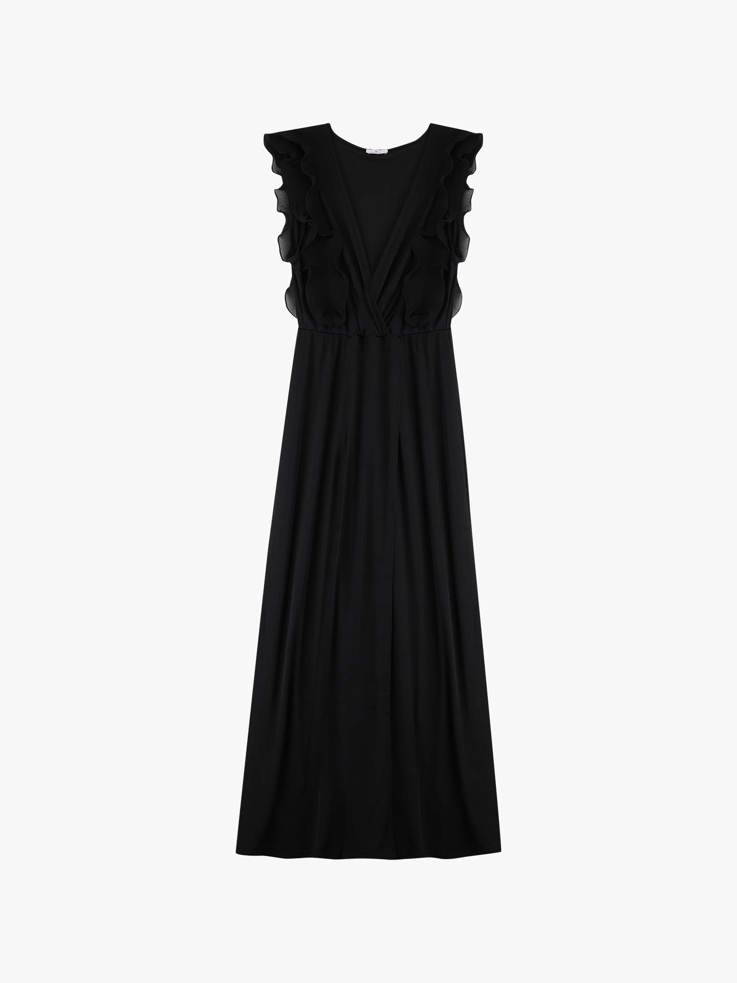 Vestido Comprido com Decote em V e Folhos