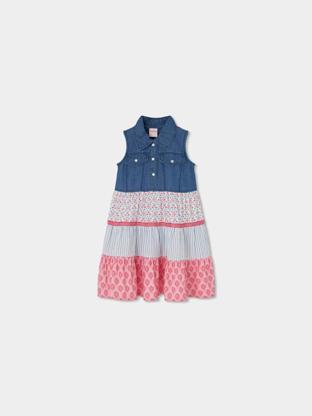 Vestido Combinado em Ganga e Saia de Folhos