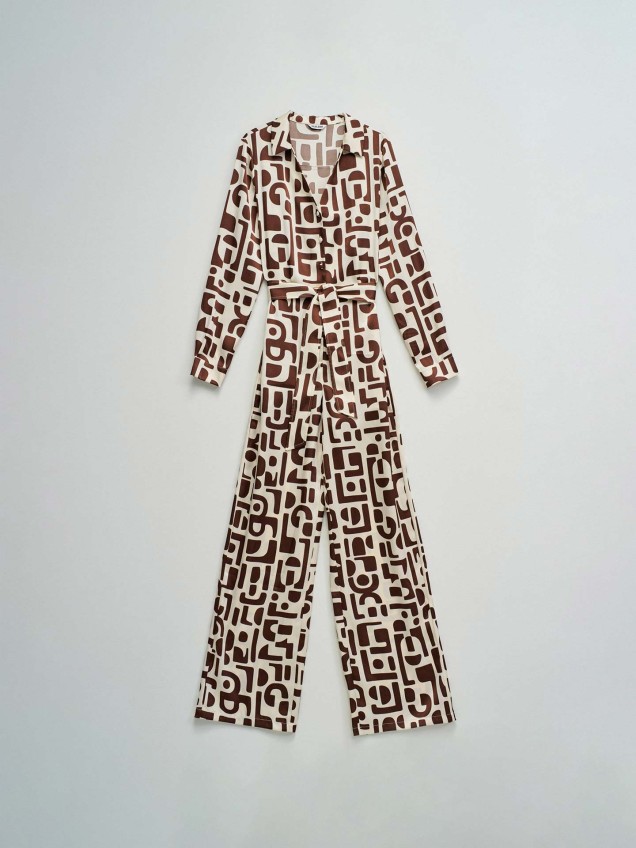 Macacão Acetinado com Padrão Geométrico