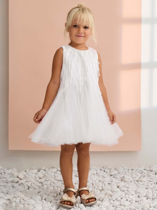 Vestido de Festa com Franjas e Tule
