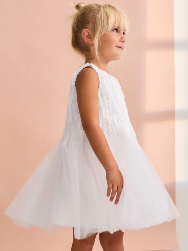 Vestido de Festa com Franjas e Tule