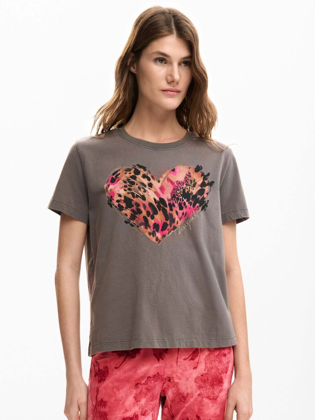 T-shirt com Estampado de Cora��o Animal Print