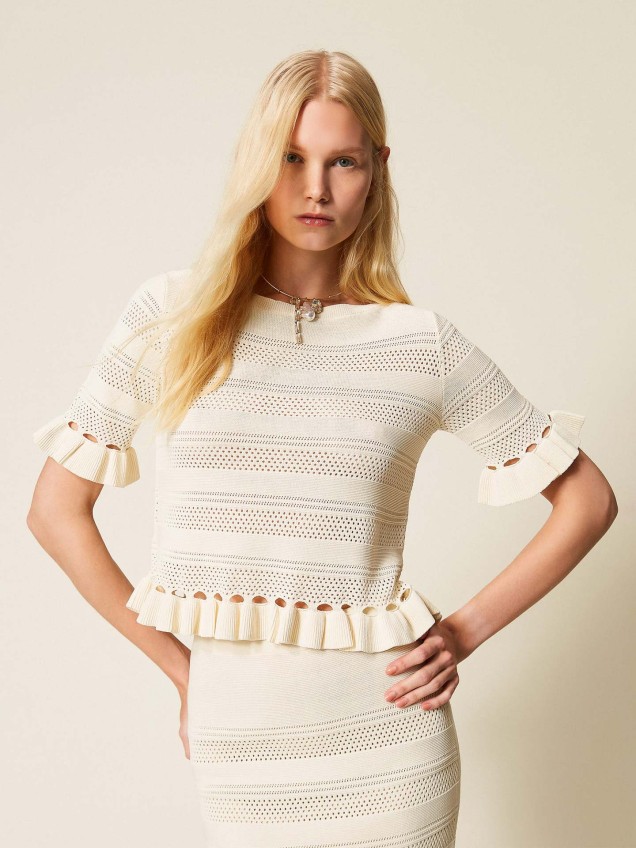 Camisola de Malha Perfurada com Folhos