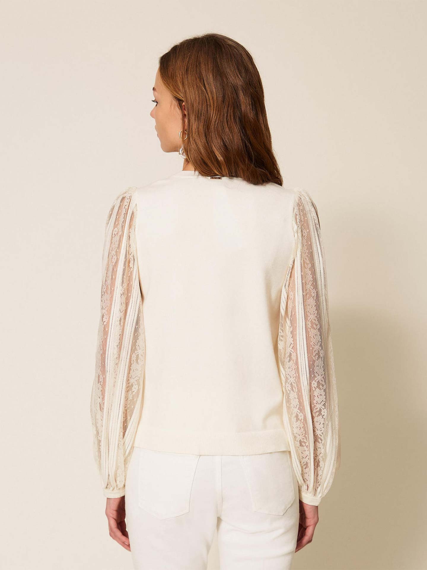 Camisola de Malha com Mangas Abalonadas em Renda