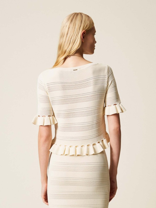 Camisola de Malha Perfurada com Folhos