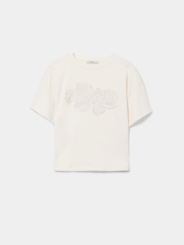 T-shirt com Bordado de Folhas e Lantejoulas