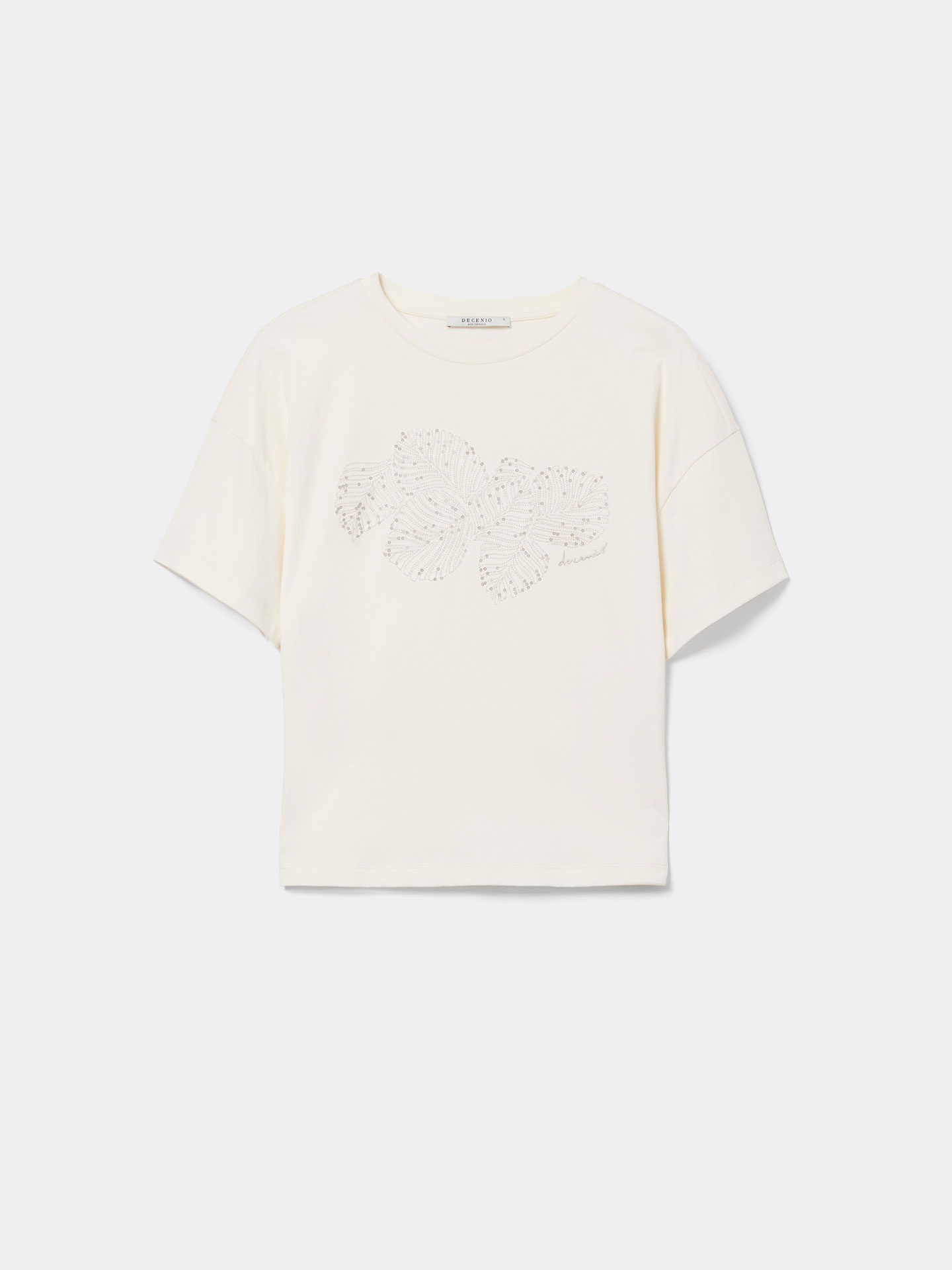 T-shirt com Bordado de Folhas e Lantejoulas