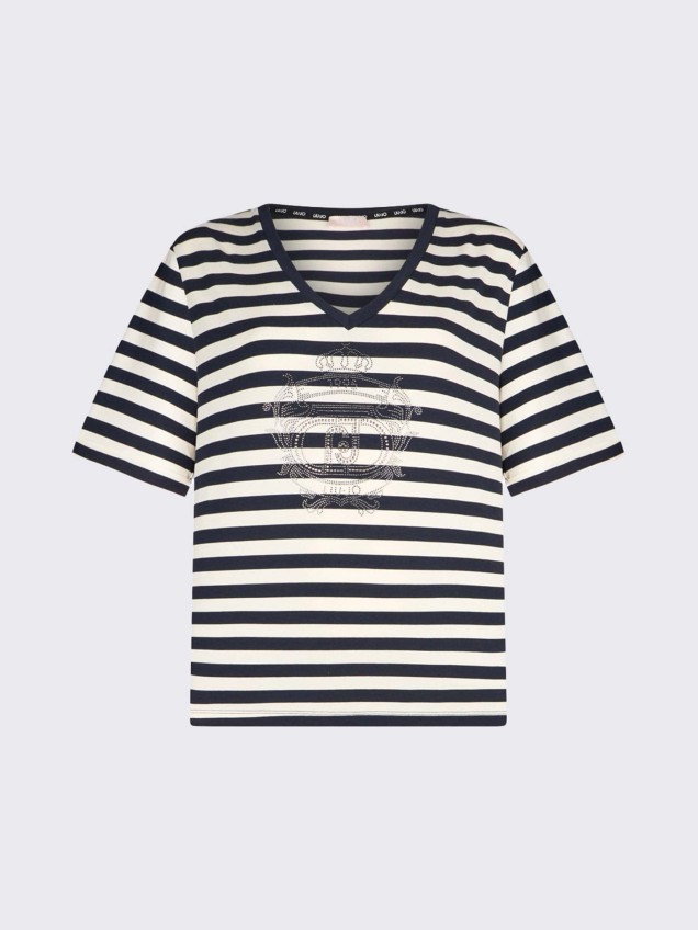 T-shirt �s Riscas com Decote em V