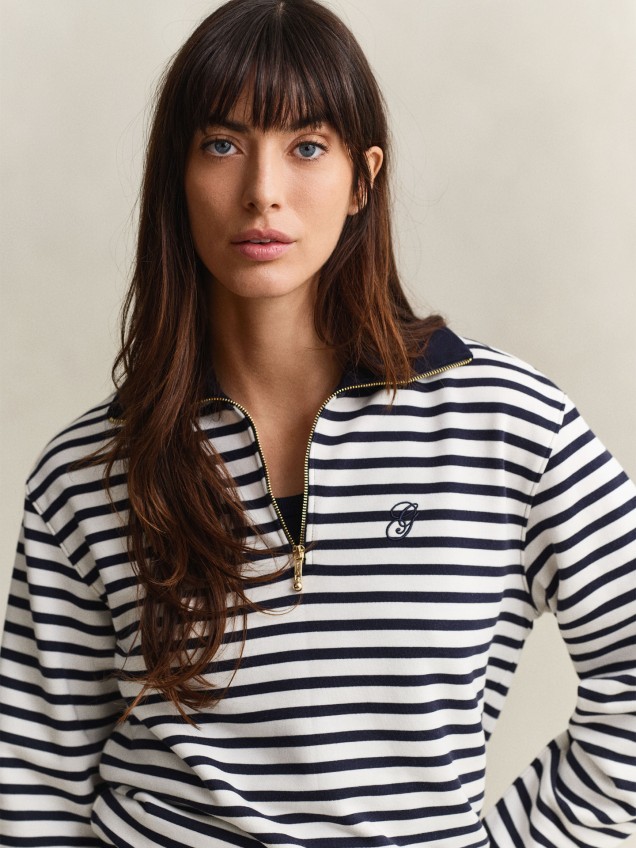 Polo às Riscas com Meio Fecho de Correr