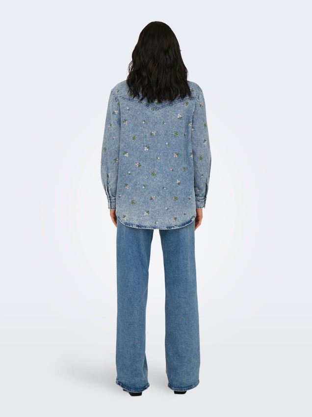 Camisa de Ganga com Bordado Floral