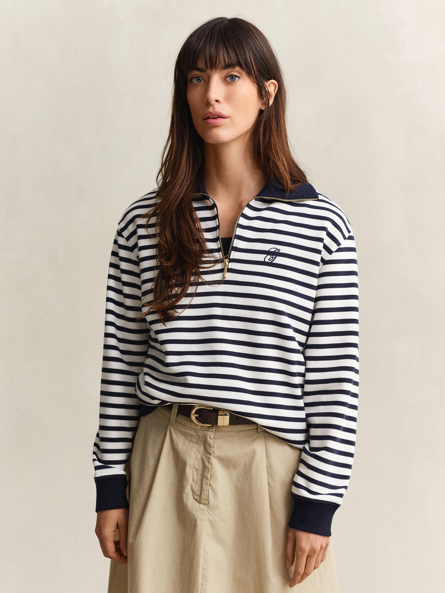 Polo às Riscas com Meio Fecho de Correr