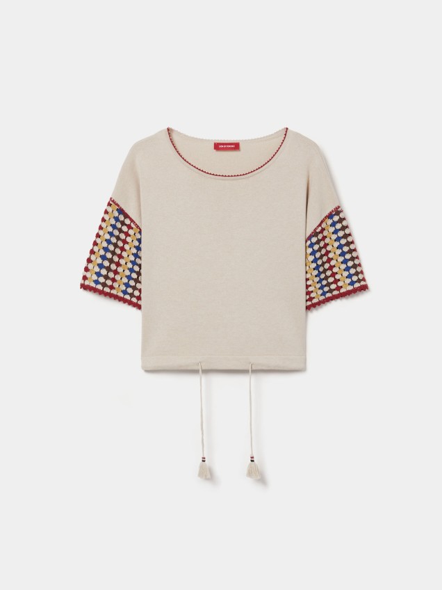 T-shirt com Mangas em Crochet