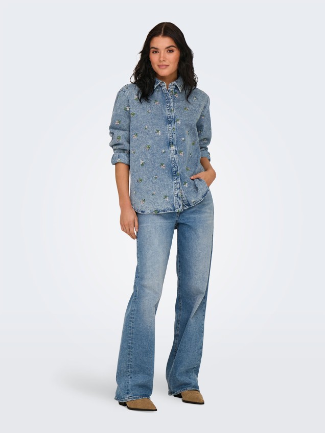 Camisa de Ganga com Bordado Floral