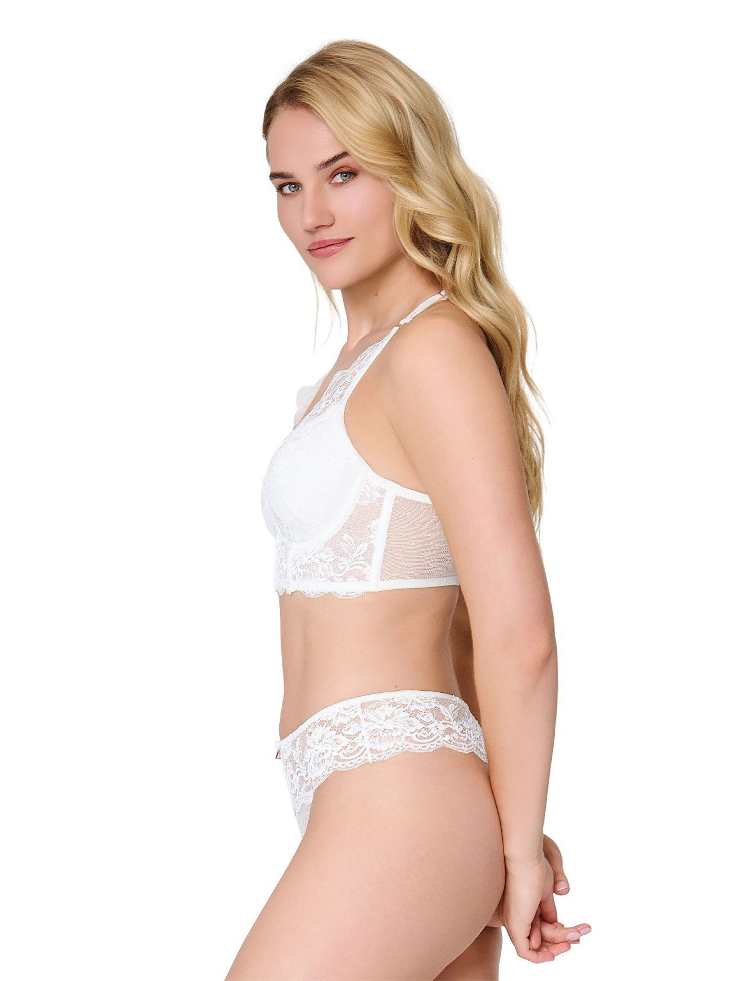 Cueca Tanga de Renda Semi-Transparente com Laço