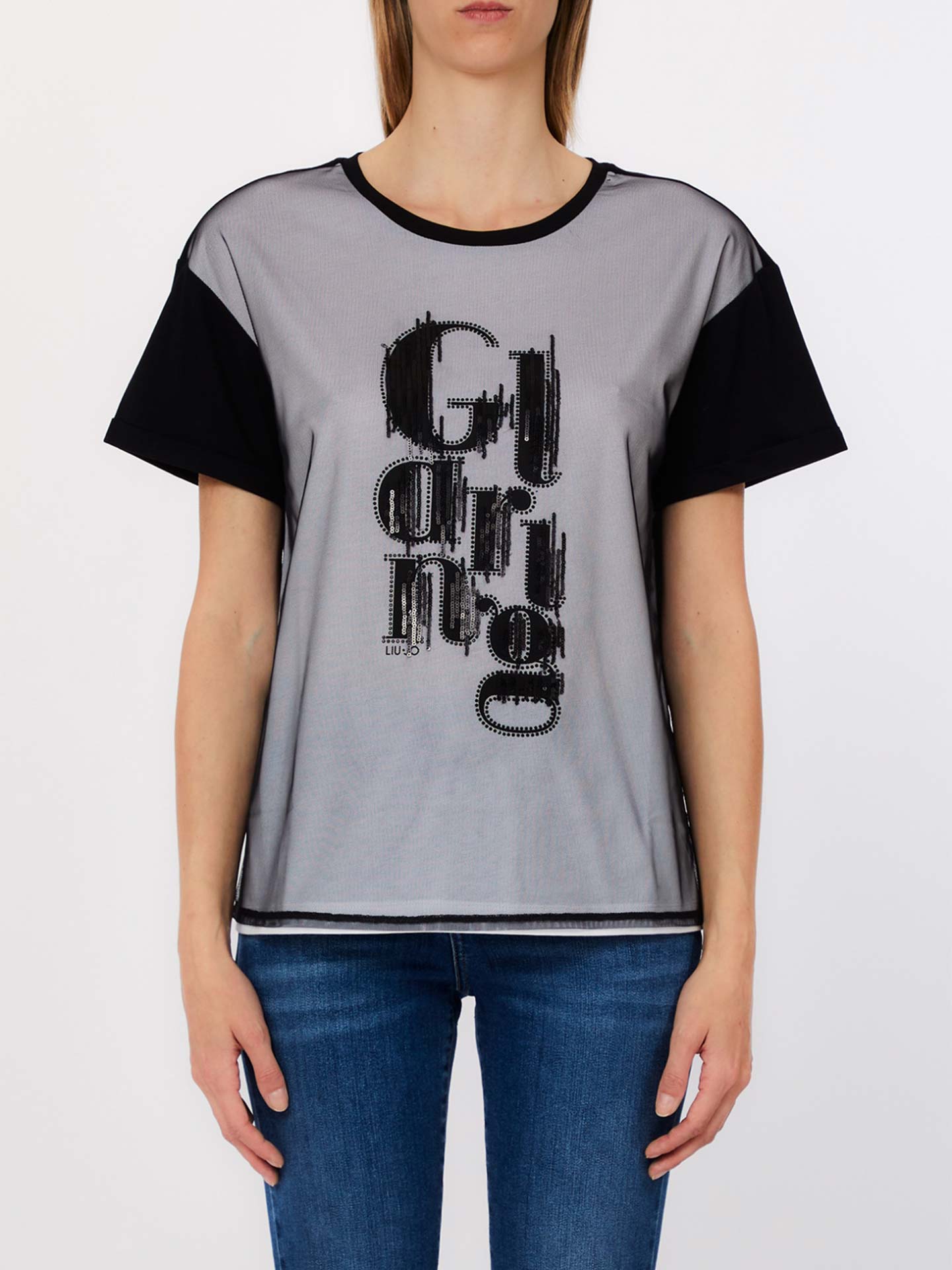 T-shirt com Sobreposição em Tule e Lantejoulas