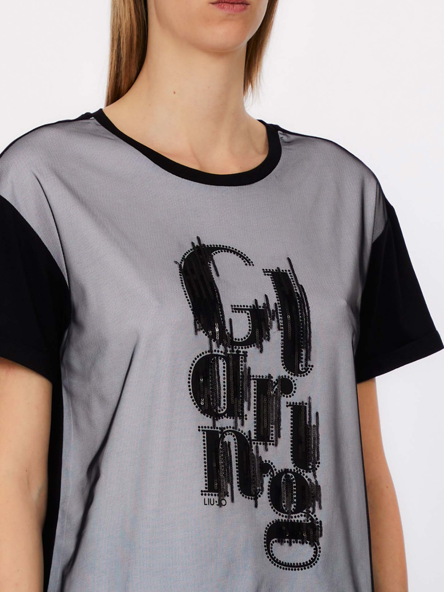 T-shirt com Sobreposição em Tule e Lantejoulas