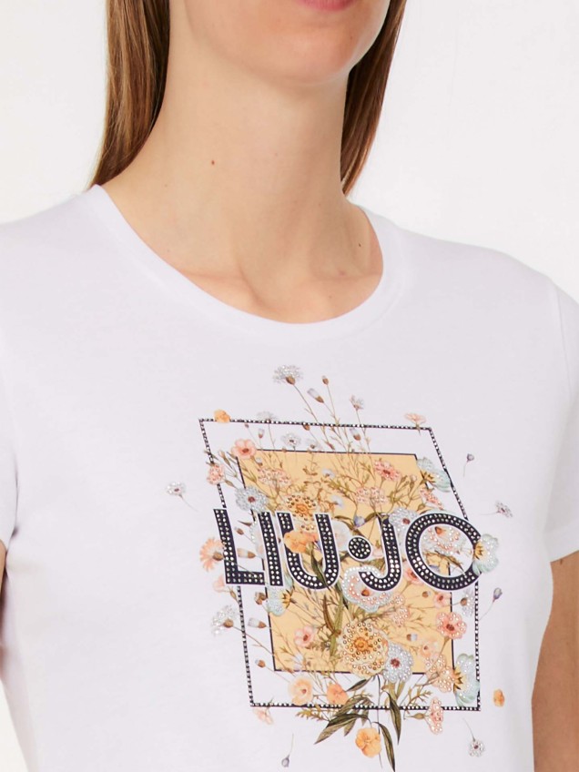 T-shirt com Estampado Floral e Brilhantes