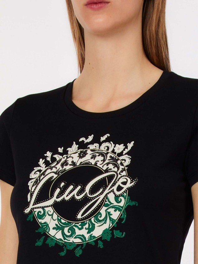 T-shirt com Estampado Floral e Brilhantes