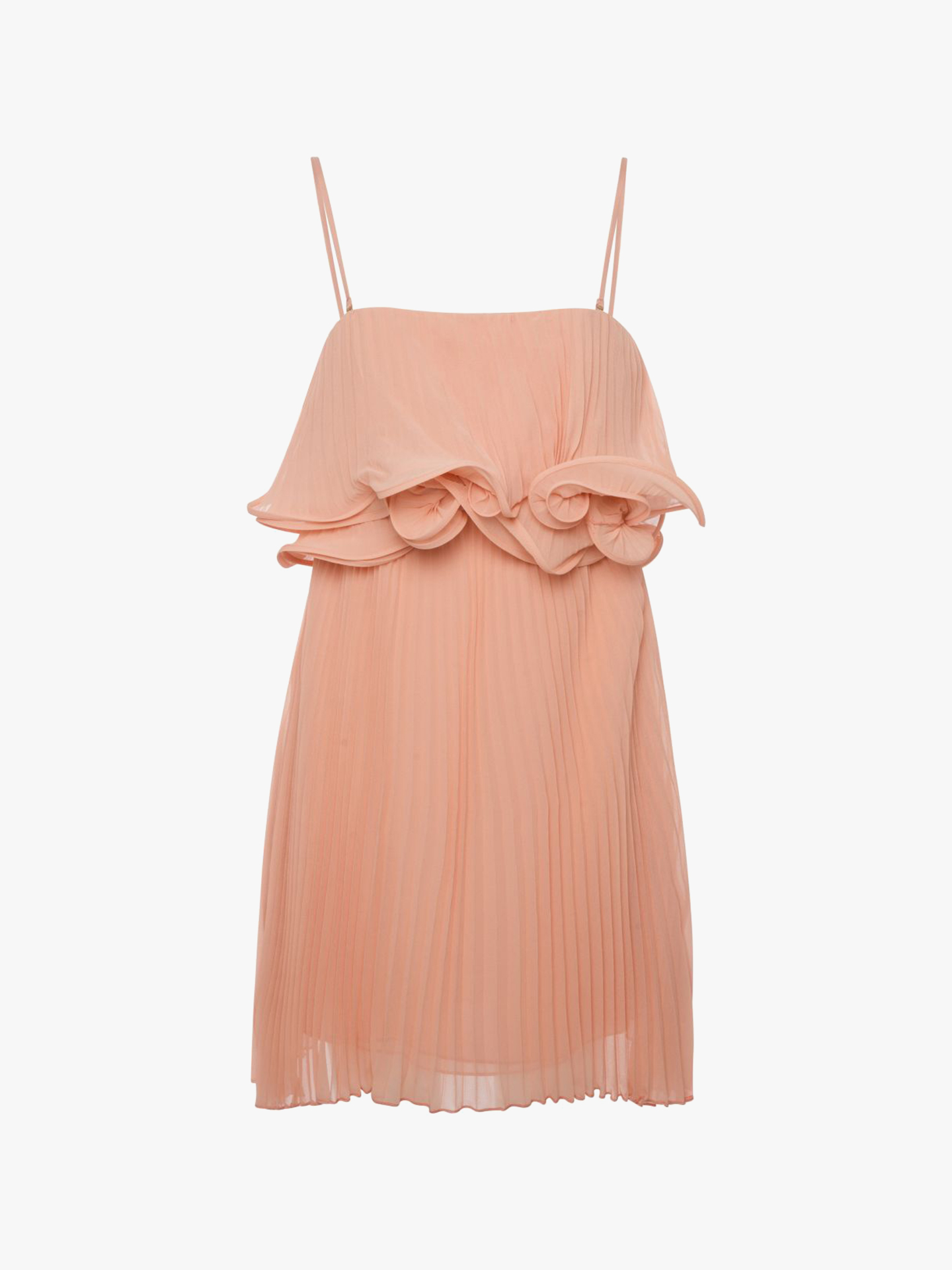 Vestido Curto Plissado com Folhos