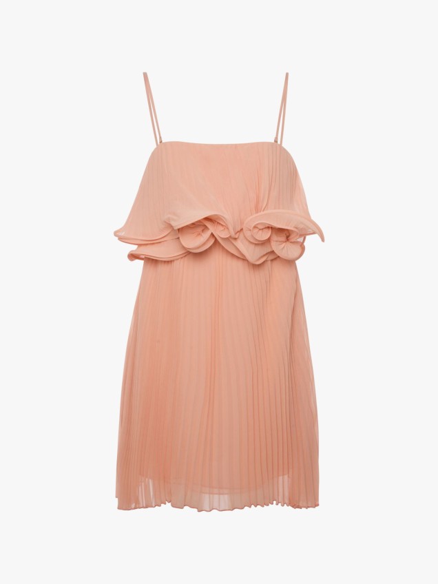 Vestido Curto Plissado com Folhos