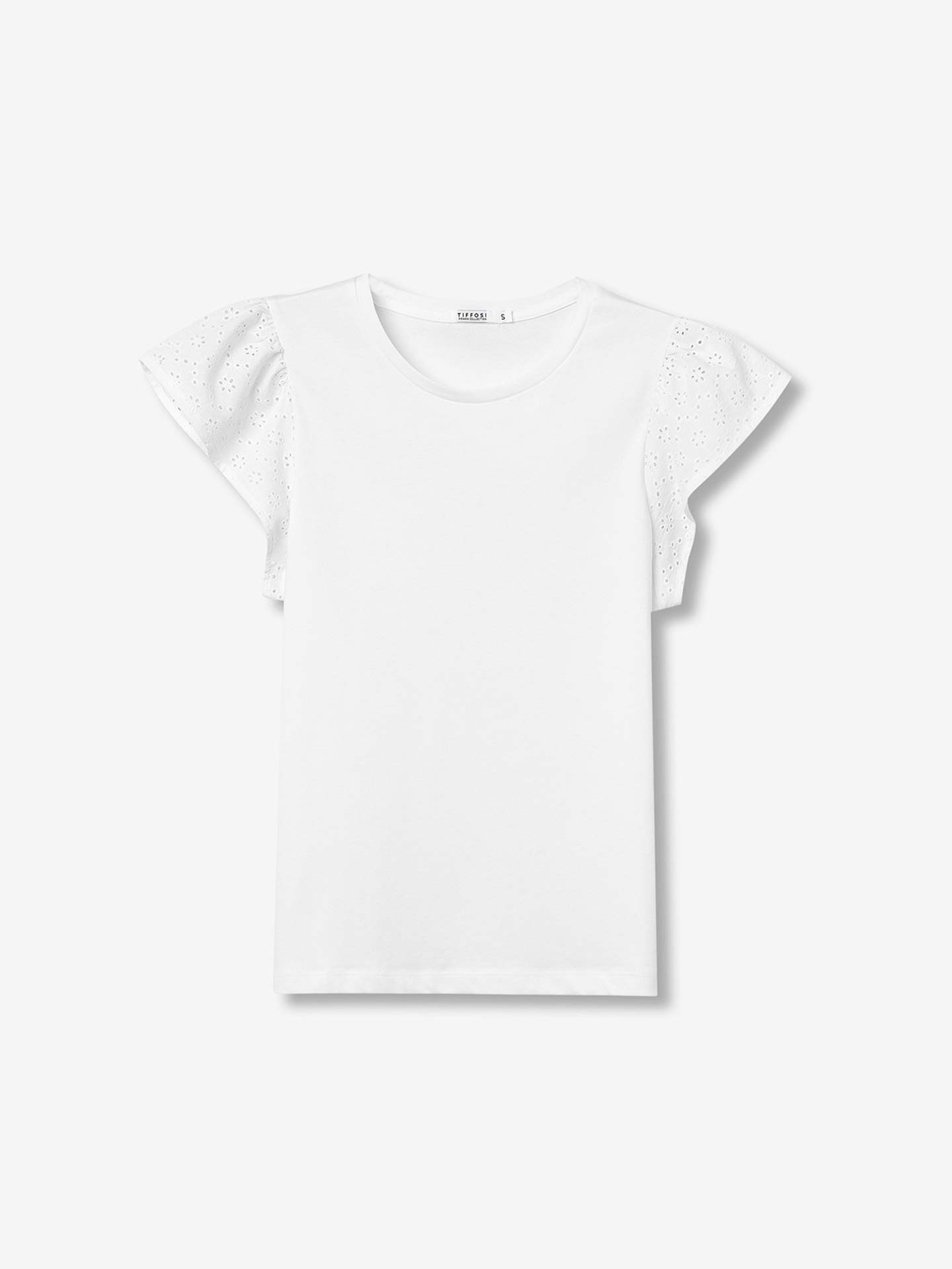 T-shirt com Manga Rendada em Folho