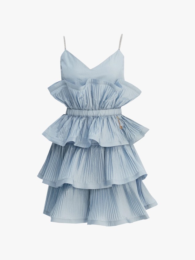 Vestido Curto Plissado com Folhos